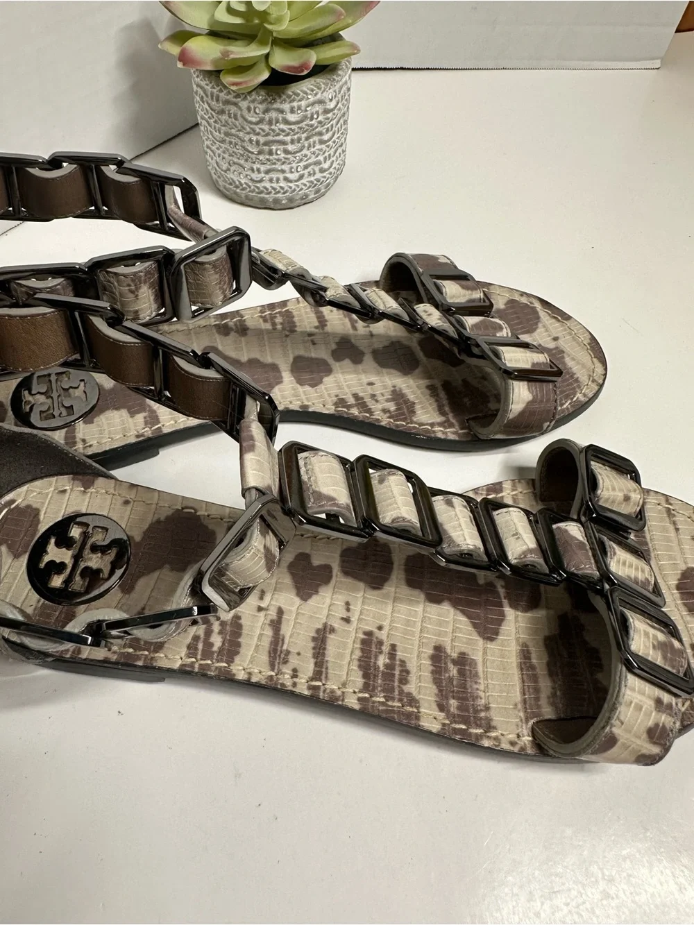 Tory Burch Brown and Beige Patterned Leather Chain-Accent Slide Sandals